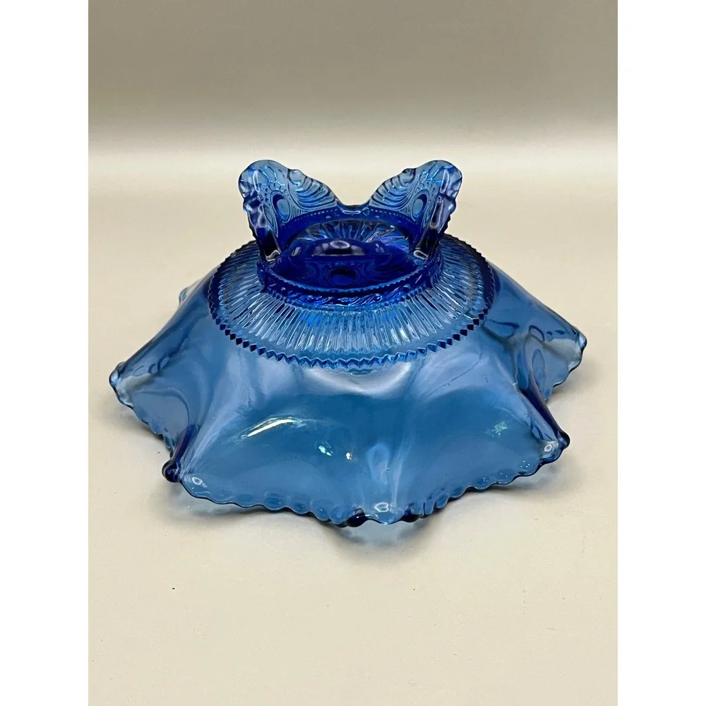 Vtg Cobalt Blue Glass Ruffled Footed Bowl Beaded Edge Candy Nut Dish 5.25
